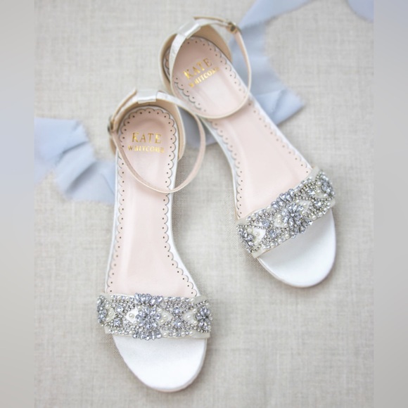KATE WHITECOMB Embellished Pearl Rhinestone Wedding Flats Aerin Ivory - Picture 1 of 7